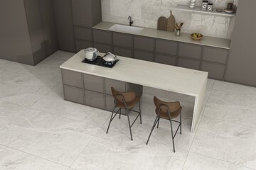 Top view of the kitchen interior with stone tiles, center island featuring quartz, wooden accents, and minimalism and luxury. 3D Rendering. Mockup