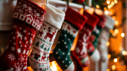 Cozy Christmas fireplace with festive stockings and warm holiday decorations.
