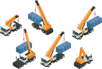 Flat vector illustration of mobile crane trucks lifting cargo containers for construction, transport, logistics, and industrial heavy equipment design