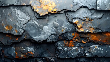 Close-up of layered, textured, dark gray stone with hints of fiery orange and yellow, creating an abstract, geological composition