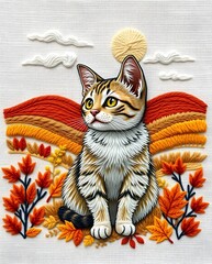 Thread Painting: Adorable Cat in Autumnal Embroidered Scene