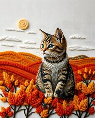 Thread Painting: Adorable Cat in Autumnal Embroidered Scene