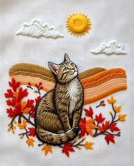 Thread Painting: Adorable Cat in Autumnal Embroidered Scene