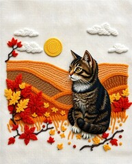 Thread Painting: Adorable Cat in Autumnal Embroidered Scene