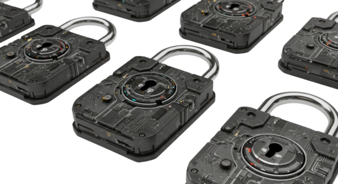 Row of black metal padlocks symbolizing security and protection, perfect for cybersecurity and safety concepts