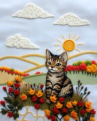 Thread Painting: Adorable Cat in Autumnal Embroidered Scene