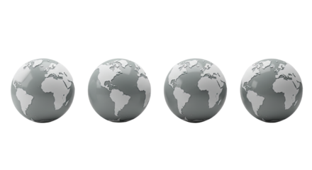 Row of four grayscale Earth globes showing continents, 3D render of planet Earth for global, environmental, or geography concepts