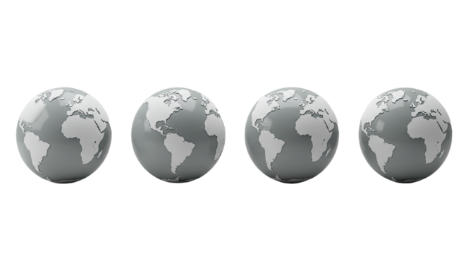Row of four grayscale Earth globes showing continents, 3D render of planet Earth for global, environmental, or geography concepts - Powered by Adobe