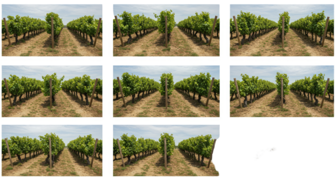 Row of lush green grapevines in a vineyard under a clear blue sky, perfect for agriculture and wine production themes