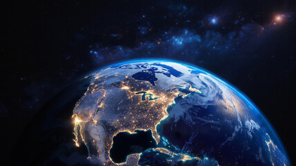 Planet earth from space at night, showing north america satellite