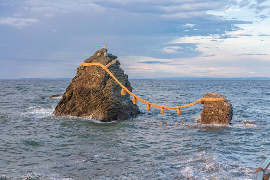 Futami Okitama Shrine and Meoto Iwa at sunrise in Ise city, Mie Prefecture, Japan.