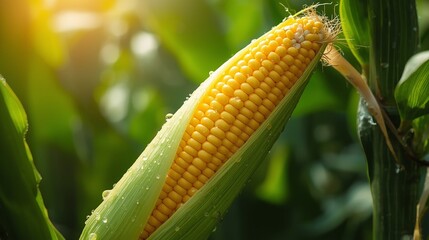 Close-up of a Ripe Golden Corn Cob Covered in Dew Drops in a Sunlit Field, Agricultural Concept, Organic Farming, Fresh Produce, Cornfield Morning, Healthy Grains, Summer Harvest, Golden Sunlight