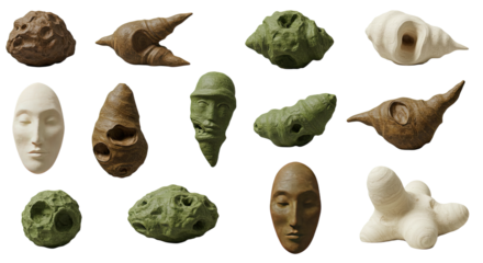 Set of artistic ceramic masks and sculptural stones with natural textures and facial expressions, perfect for art projects or home decor