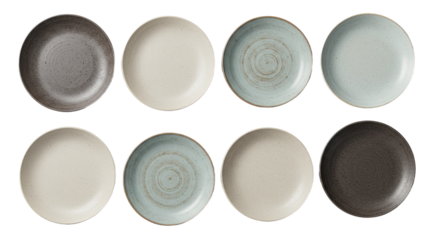 Set of 8 empty ceramic plates in different colors on white background, top view, perfect for restaurant menu or food presentation