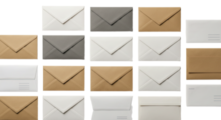 Set of assorted beige, white, and gray envelopes arranged in a grid pattern on a light background, perfect for mailing and correspondence projects