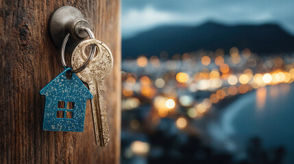 Unlock your dreams with a new home purchase key, perfect for real estate marketing, mortgage ads, or evoking the excitement of homeownership at twilight