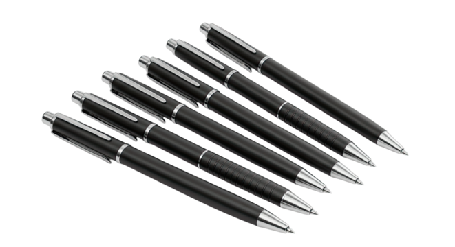 Set of black ballpoint pens isolated on white background for office, school, and writing use