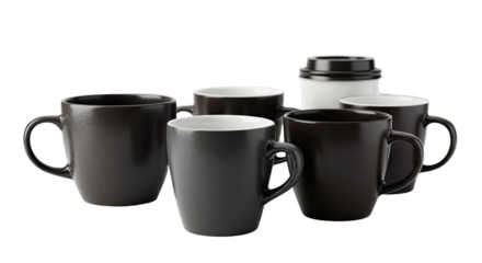 Set of black ceramic coffee mugs and takeaway cup isolated on white background, perfect for cafes or office use