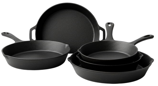 Set of black cast iron skillets and frying pans in different sizes, durable cookware for cooking and frying, perfect for kitchen use