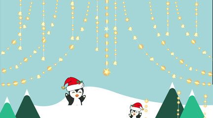 christmas card with santa claus and reindeer. Light bulbs curtain, star festoon header. Fairy garland hanging strings. Christmas decoration, holiday lamp ball, gold glitter festive warm pattern