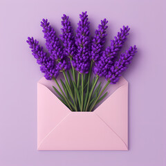 A delicate pink envelope holding purple lavender flowers captures the beauty of spring bloom in a close-up shot
