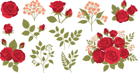 Vector art of collection of red roses and green leaves