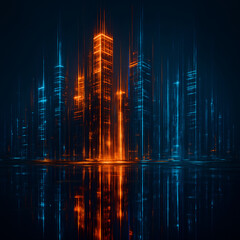 Modern urban architecture with bright lights reflecting in the river under the dark city night sky