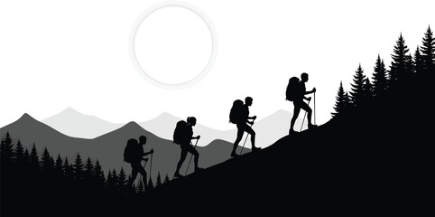 Vector art of silhouette of hikers with backpacks and trekking poles ascending a mountain slope with pine trees and layered mountains in the background under a bright sun