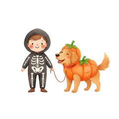 Halloween fun a child in skeleton costume walks dog dressed like a pumpkin on isolated transparent