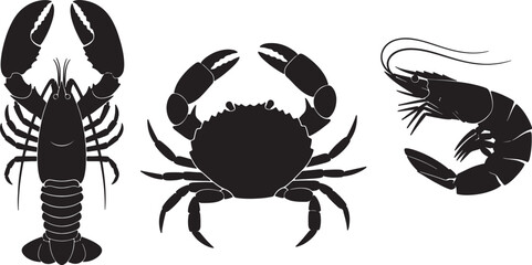 Silhouette of Lobster Crab and Shrimp on White Background Keywords: lobster, crab, shrimp, seafood, shellfish, crustacean, marine life, underwater, ocean, sea, food, on transparent background