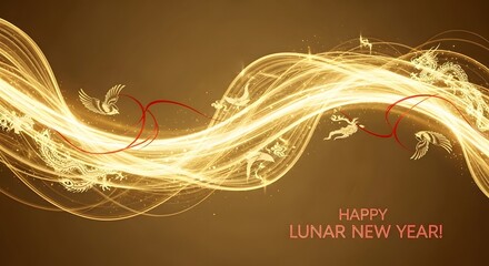 Golden Swirling Lights and Mythical Creatures Lunar New Year Greeting