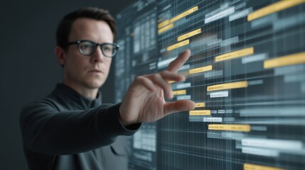 Professional male analyst interacting with futuristic data visualization interface in a modern workspace environment designed for innovative technology exploration