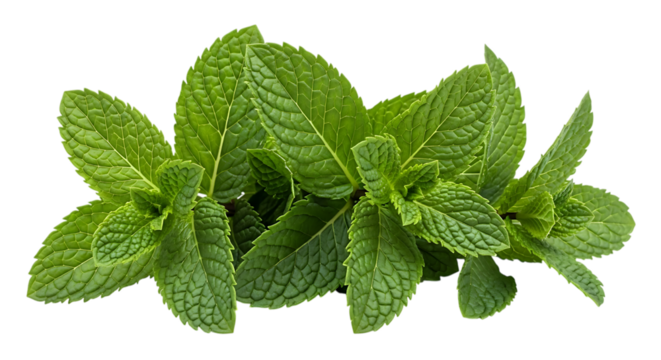 Fresh green mint leaves with detailed texture, isolated on white or transparent background. PNG