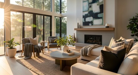 Sunlit living room featuring modern decor with large windows and comfortable seating arrangement