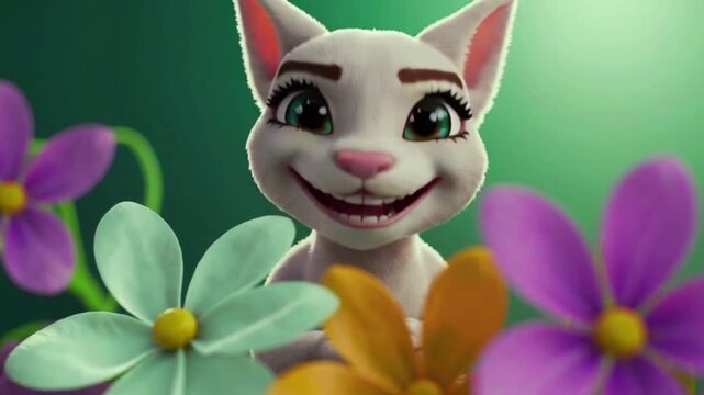 Cartoon illustration of an adorable Easter bunny with pink tulips and flowers for a fun holiday