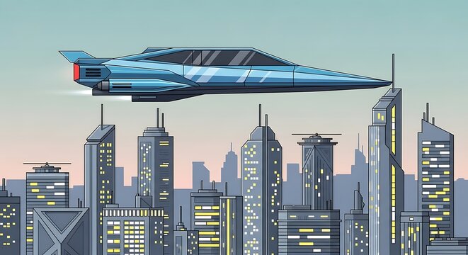 Futuristic Car Flying Cityscape.