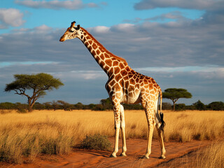 Fototapeta premium A majestic g stands in the African savanna, its long neck extended upward against a bright blue sky dotted with white puffy cloudsiraffe.