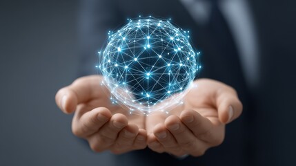 Human hands holding a glowing digital sphere representing global connectivity and technology, illustrating innovation and modern communication in a networked world