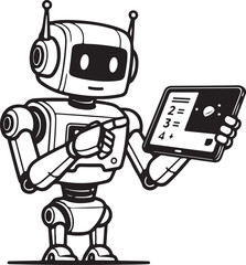 Smart robot teaching math on tablet illustration in black and white outline style