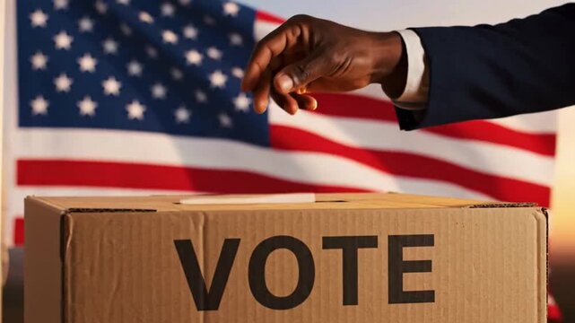 American voter casting ballot into box with USA flag on voting day for democracy freedom