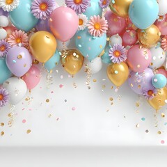 Festive balloons and flowers with confetti background