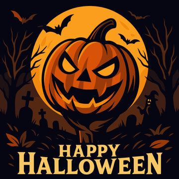 Happy Halloween Poster with Giant Glowing Jack-O&rsquo;-Lantern, Full Moon, and Spooky Graveyard Scene