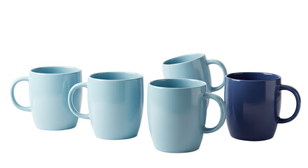 Set of five blue ceramic coffee mugs with handles in varying shades from light to dark blue, isolated on white background, perfect for kitchen and cafe use