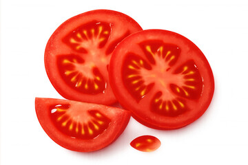 Fresh red tomato slices and wedge cut, juicy ripe vegetable food ingredient on transparent background