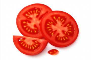 Fresh red tomato slices and wedge cut, juicy ripe vegetable food ingredient on transparent background