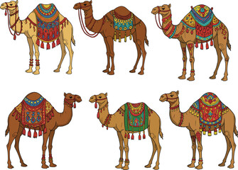 Cartoon decorated camel character set, festive desert animal illustrations, playful travel clipart, stylized cultural icons, kids vector design, whimsical celebration graphics