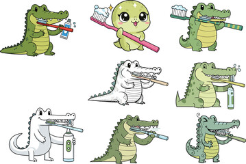 Cartoon crocodile and seal brushing teeth illustration set, dental hygiene theme with toothbrushes and foam, vector clipart, children’s design asset