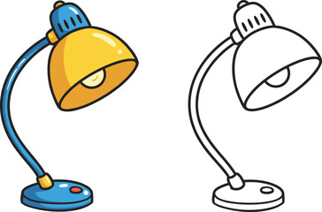Cartoon desk lamp illustration set, colorful and outline versions with curved neck and buttons, home and school theme, vector clipart, design asset