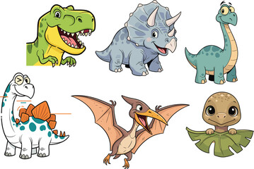 Cartoon dinosaur character set, cute prehistoric animal illustrations, playful dino clipart, kids vector design, stylized nature icons, educational graphics