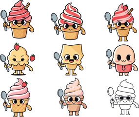 Cartoon dessert character illustration set, expressive food items with spoons and glasses, ice cream, cupcake, cheese theme, vector clipart, design asset
